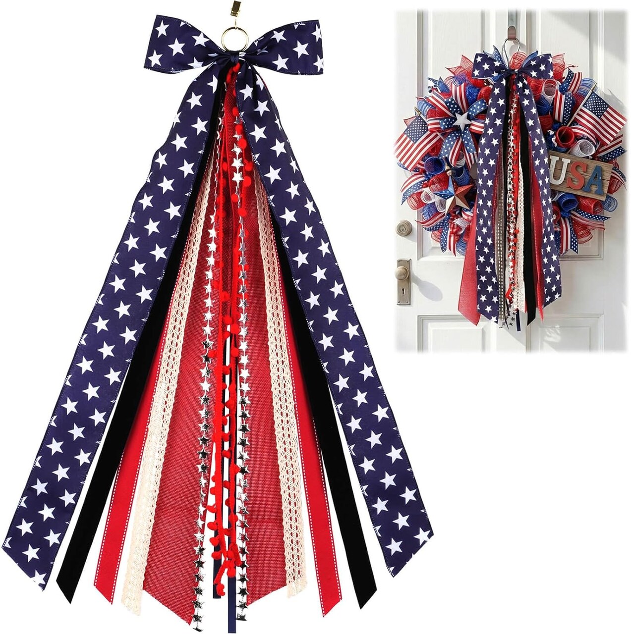 Patriotic Wreath Bow – 27.5" Red, White & Blue 8-Layer Wired Ribbon, Clip-On Stars & Stripes Bow for Memorial Day, Veterans Day & Independence Day Front Door Decor